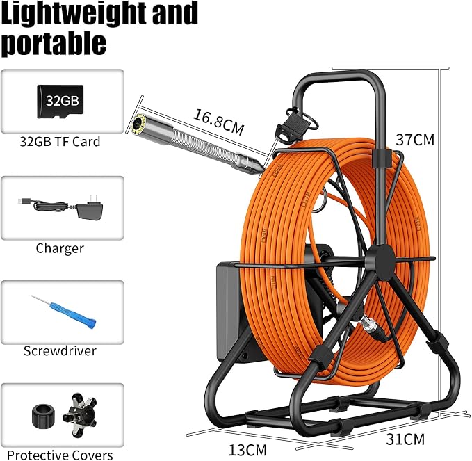 Sewer Camera, 100 ft/30 m, 4.3" Pipe Drain Inspection Camera with DVR Function and 12 Pcs LED Lights, IP68 Waterproof 23 mm Industrial Endoscope, Meter Marker, Included 32GB Card