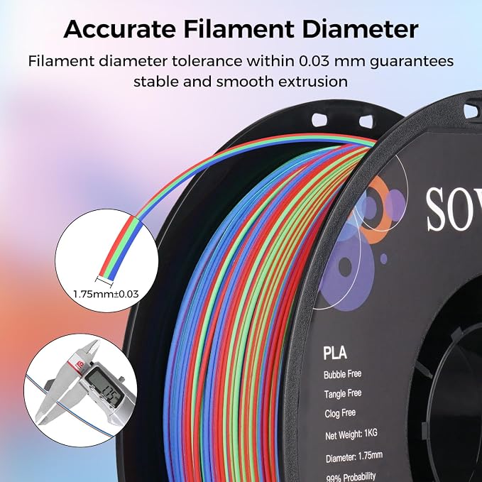 Sovol Matte PLA Filament Rotated Tri Color Co-Extrusion 1.75mm, Fast Change 3D Printer Filament 1kg/ 2.2lbs, Matte Red Green Blue 3 in 1 Coextrusion PLA Material +/-0.03mm