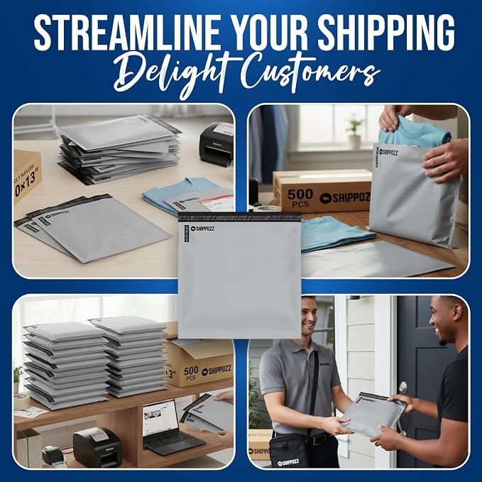 Shippozz 10x13 Poly Mailers 500 Pack, Durable Waterproof Polymailers for Shipping Clothes, Self Seal Mailing Bags for Small Business Packaging Supplies, Mailing Envelopes for Books, and Accessories
