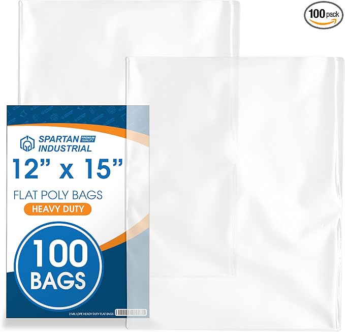 12" X 15" Open-End Flat Poly Bags (100 Count) - 2 Mil Plastic Clear Bags for Packaging, Shipping, Storage - No Adhesive Strip - Spartan Industrial