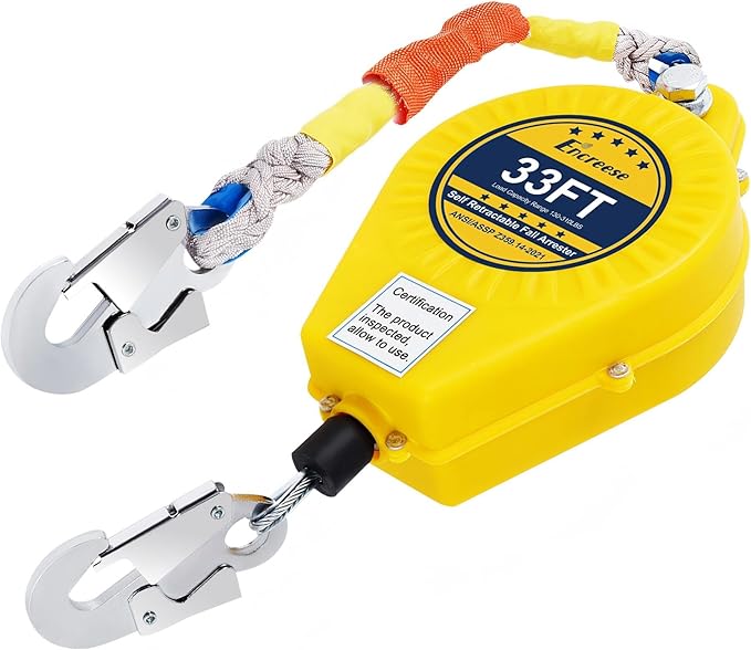Self Retractable Lifeline Fall Protection Arrester 33FT Double Locking Roofing Safety Rope Lanyard Fall Arrest Gear, Dual Alloy Steel PPE shell Heavy Duty Hook Cable Wire