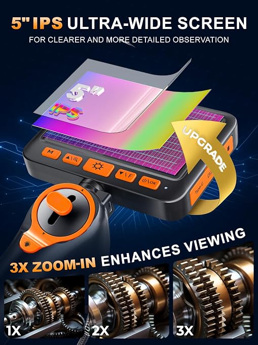 Two-Way Articulating Borescope Camera with Light, 210° Dual-Direction Inspection Scope with 5" 1080P Screen, 6.2mm IP67 Waterproof Probe, 6 LED Lights, 3X Zoom, for Automotive, Sewer, Plumbing, HVAC