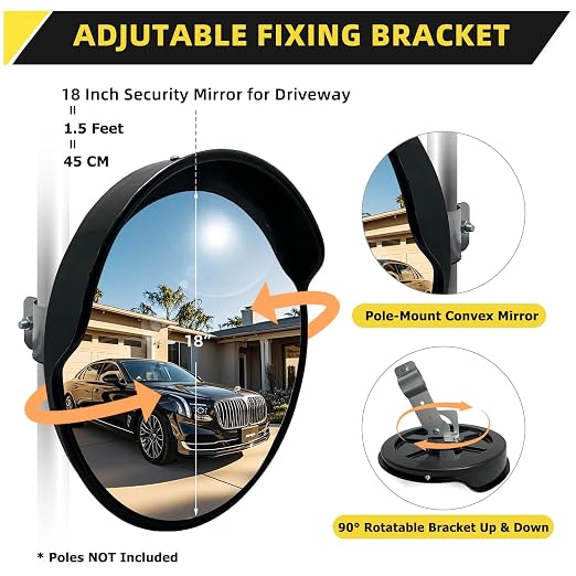 Convex Mirror for Pole - 18" Corner Mirrors for Garage, Warehouse, Blind Spot, Large Security Mirror for Driveway with Flexible PC Lens (18 Inch, Black)