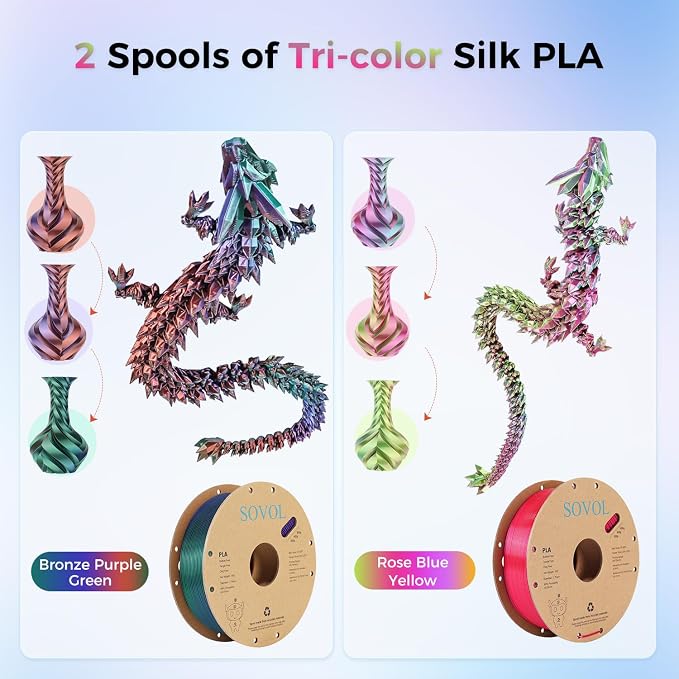 Sovol Silk PLA Filament 6KG Kit, Silk Tri Color & Dual Color Co-Extrusion PLA Materials, Shiny Multicolored Fast Change Rainbow 3D Printer Filament, 1.75mm 1kg/ 2.2lbs +/-0.03mm