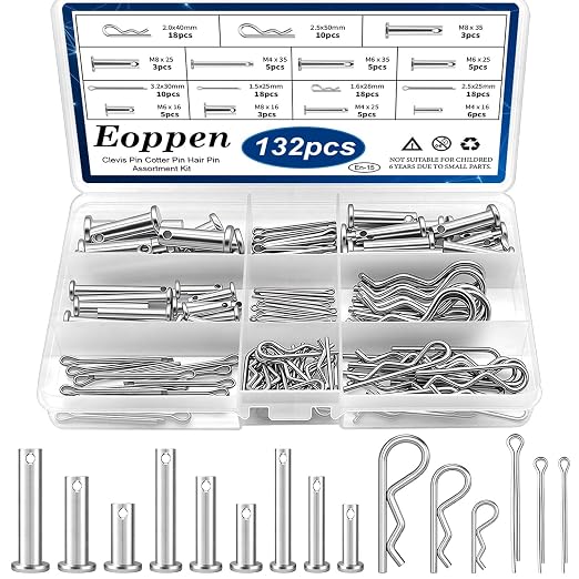132Pcs Clevis Pin Cotter Pin Hair Pin Assortment Kit - 304 Stainless Steel 15 Sizes Cotter Pin & R Clips Pin Zinc-Plated Single Hole Flat Head Clevis Pins