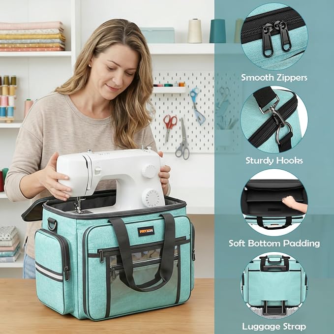 Sewing Machine Case with Wheels - Detachable Rolling Sewing Machine Case Fits Most Standard Sewing Machines And Storage Sewing Accessories, For Singer, Brother, Janome, Teal