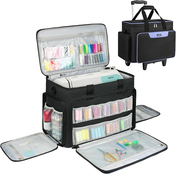 LEFOR·Z Rolling Sewing Machine Case with Wheels,Sewing Machine Carrying Bag,Trolley Tote Bag Fits for Most Standard Singer,Brother,Janome Sewing Machine and Accessories,Black