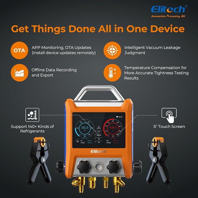 Elitech Digital Manifold Gauge HVAC 4 Valve Manifold Gauge with Hoses Vaccum Sensor Thermometer Clamps, EMG-40V
