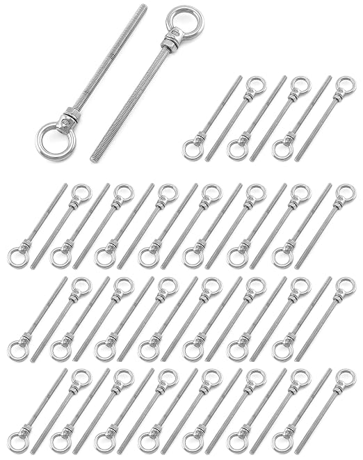 QWORK Threaded Eyebolts, 50 Pack 1/4" x 4" Long Stainless Steel Marine Grade Shoulder Eye Bolt M6