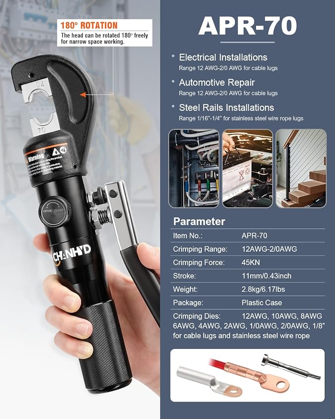 Hydraulic Wire Battery Cable Lug Terminal Crimper- 9 Dies for 12 AWG to 2/0 Electrical Terminal Cables Crimping Tool Kit 1/16” 1/8” 3/16” Stainless Steel Cable Railing Tool