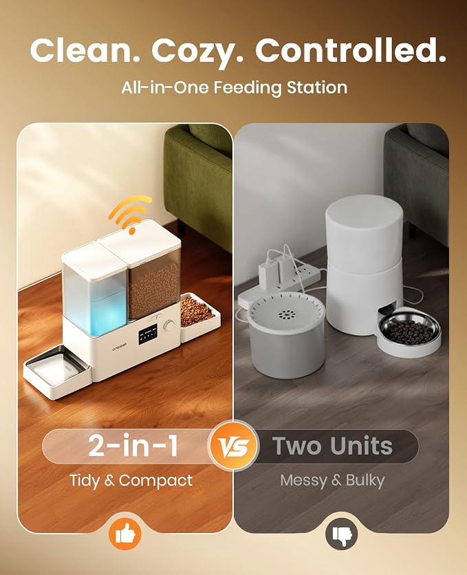 oneisall WiFi Automatic Cat Feeder and Water Dispenser, 2-in-1 Timed Cat Feeder and Gravity-Fed Water System, 36Cups/8.5L Large Capacity Pet Feeder, Easy-Clean Dry Food Dispenser with APP Control