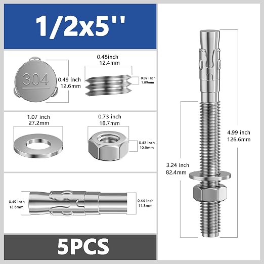 Wensilon 5Pcs 1/2x5 Inch Standard Fasteners for Heavy-Duty 304 Stainless Steel Wedge Anchors for Cement and Concrete