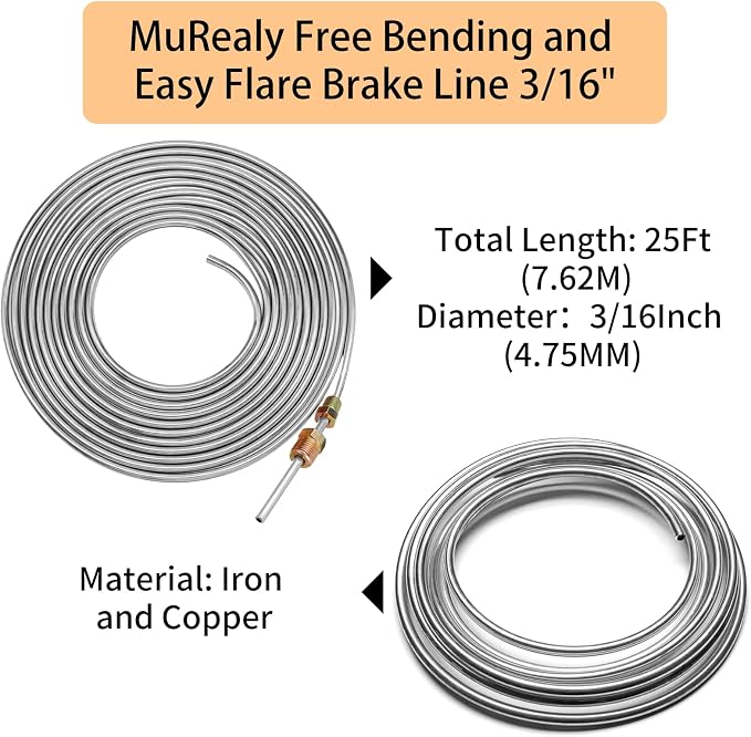 3/16" Brake Line Repair Kit - 25 Feet Zinc Plated Rust-Proof Brake Tubing + Flaring Tool, 16 Fittings & 4 Unions | For Cars, Trucks, SUV Hydraulic Brakes