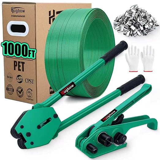 Banding Strapping Kit, Heavy Duty Pallet Packaging Kit with >1500lbs 5/8" x 1000' PET Strapping Roll, 100 Metal Seals, 1 Pair Gloves, Strapping Tensioner, Banding Sealer Tool, Banding Tool