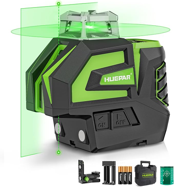 Huepar Self Leveling Laser Level Green Cross Line Laser Tool with 2 Plumb Dots, Fathers Days Dad Gifts-360° Horizontal Line&140° Vertical Level Laser with Up&Down Points -Magnetic Bracket&AA Batteries
