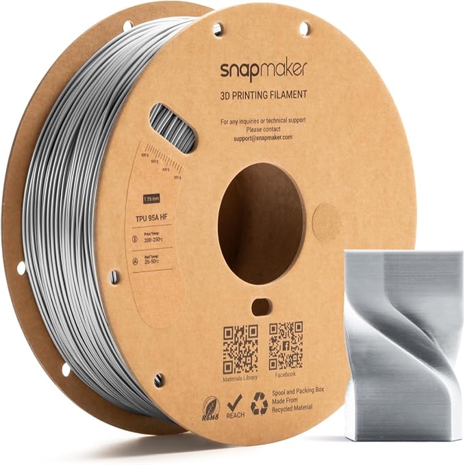 Snapmaker TPU Filament 1.75mm,TPU 95A HF 3D Printer Filament Flexible Soft with High Elasticity,High Speed Printing,Dimensional Accuracy +/- 0.03mm,1kg(2.2lbs) (Gray)