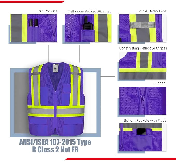 KAYGO Reflective High Vis Safety Vest with Pockets for Men and Women KG0100 | Breathable Polyester Lightweight, Two-Tone, ANSI Class 2, for Construction, Warehouse, Surveying, Cycling, Machine Washable