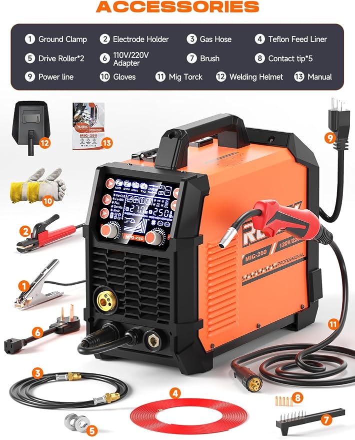 RUBIK Aluminum MIG Welder 250Amp, 5 in 1 MIG/Stick/Lift TIG Welder | Gas Gasless Digital MIG Welder 110V/220V Dual Voltage LCD Display Welding Machine, Professionals Multi Process Welder