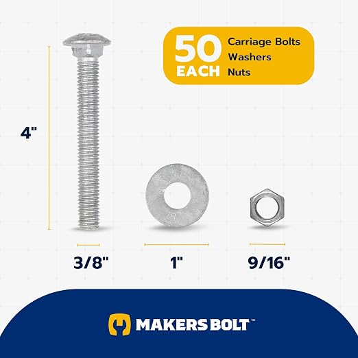 3/8" x 4" (50 Pack) Galvanized Carriage Bolt Kit, Grade 307A, Hot Dip Galvanized for Exterior Use by Makers Bolt