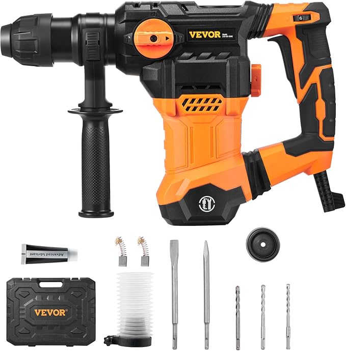 VEVOR 1-1/4 Inch SDS-Plus Rotary Hammer Drill, 13 Amp Corded Drills, Heavy Duty Chipping Hammers w/Vibration Control & Safety Clutch, Electric Demolition Hammers Variable Speed, Power Tool For Concret