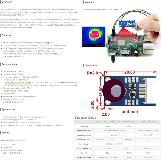 Waveshare MLX90640 IR Array Thermal Imaging Camera with 32×24 Pixels 110° Field of View Communicating via I2C Interface Supports Raspberry Pi/rduino(ESP32)/STM32, etc.