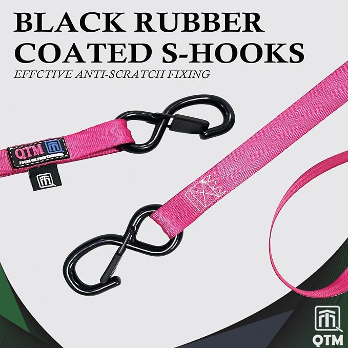 QTM 4-Pack Stainless Steel Spring Retractable Ratchet Straps Pink, 1" x10' with Soft Loops, Heavy Duty, 2,000lbs Breaking Strength, with Storage Bag, Best for Cargo, Truck, Bicycle, Motorcycle