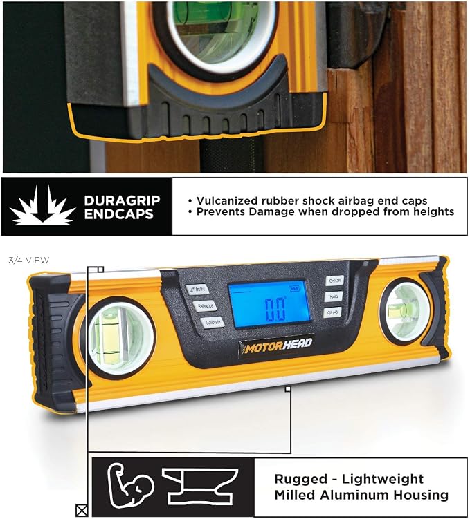 MOTORHEAD 10-Inch 0° - 180° SMART DIGITAL Level, LCD Screen, Audible Alerts, Water, Dust & Shock Resistant, Magnetic Bottom, Includes Bag, High-Visibility, Solid-Milled Aluminum, USA-Based Support