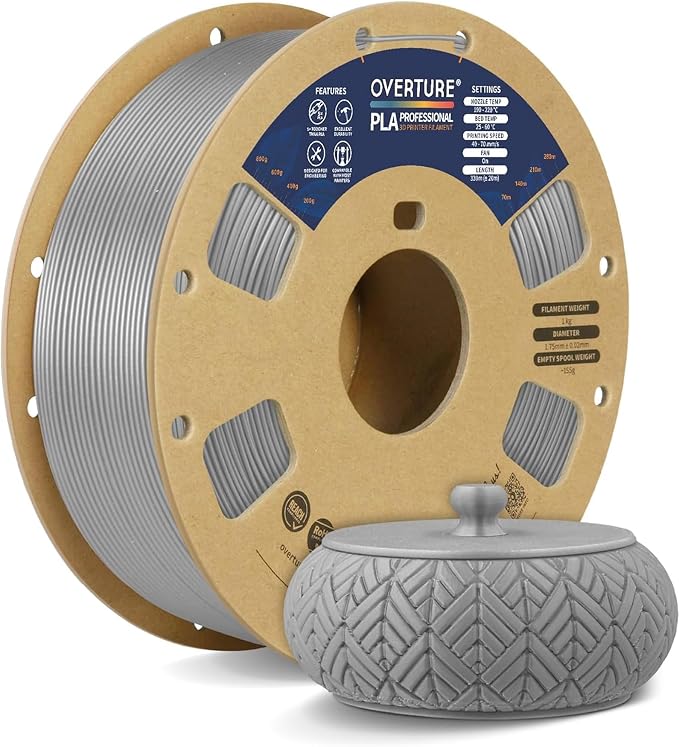 OVERTURE PLA Plus (PLA+) Filament 1.75mm, Stronger & More Durable, Professional Toughness 3D Printer Filament 1kg (2.2lbs), High Precision +/- 0.02mm, Tangle-Free (Moonlight Silver)