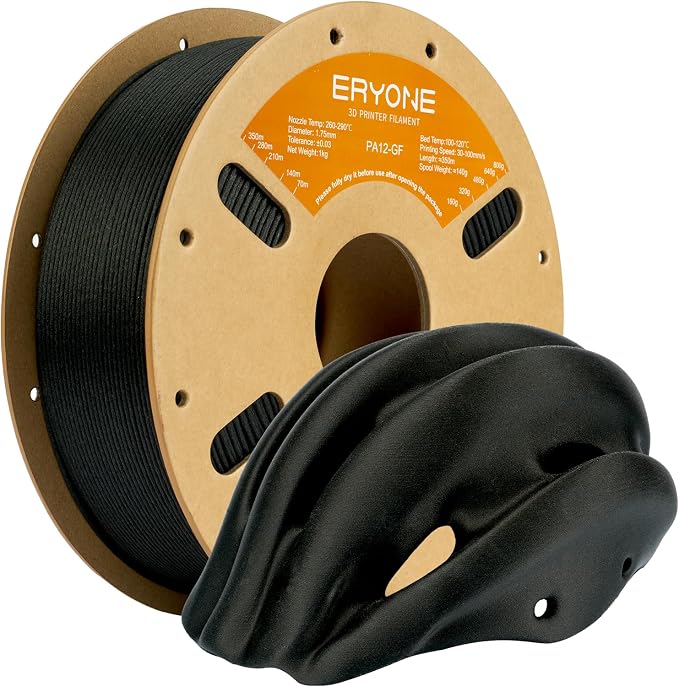 ERYONE Nylon 3D Printer Filament, Polyamide PA12 Glass Fiber Filament 1.75mm +/- 0.03mm, Stiff & Strong & Heat Resistant, 1kg (2.2LBS)/Spool, PA12 GF Black