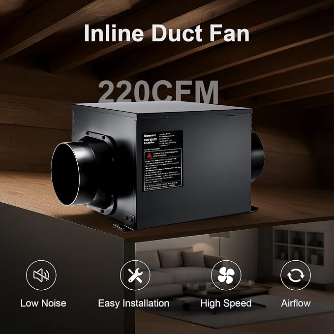 GROWNEER 6 Inch Inline Bathroom Exhaust Fan, 220 CFM Ventilation Fan with Remote Control, 5-Speed Ceiling Mount Fan for Bathroom, Garage, Kitchen, Attic, Easy Installation