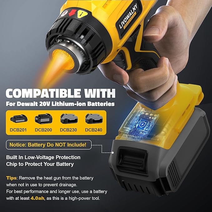 LIVOWALNY Heat Gun Compatible with Dewalt 20v Battery(Tool Only):350W Cordless Battery Powered Heat Gun 122℉~1022℉ Variable Temperature Heat Shrink Gun w/LED Digital Display for Shrink Tubing,DIY