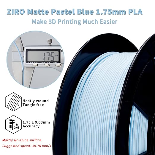 ZIRO 3D Printer Filament, Matte 1.75mm PLA Filament, Pastel Colors PLA Series, 3D Printing Material, Fit Most FDM Printers,1.75mm 1kg/2.2lbs Spool, Pastel Blue(Matte)