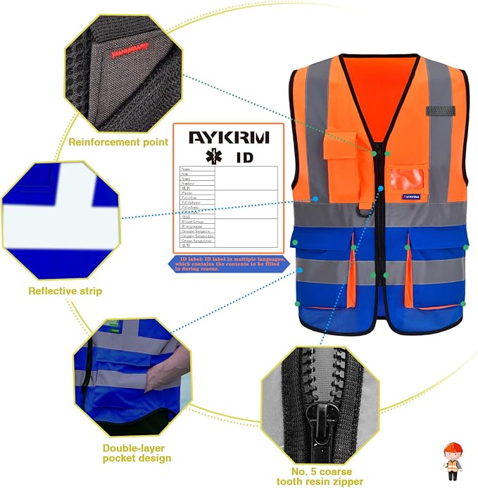 A-SAFETY Hi-Vis Safety Vest, Clear ID Pocket, Zipper, Orange/Blue, 6XL-8XL | Orange/Blue 6XL-8XL work vest with 7 pockets, reinforced zipper pockets and black front zipper for marine ground support.