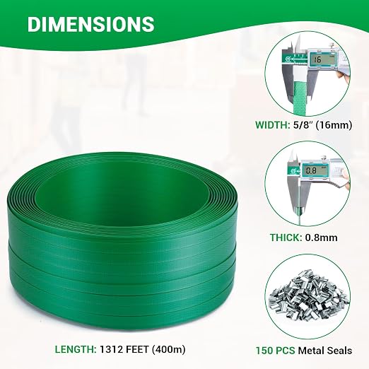 Heavy Duty PET Strapping Banding Roll, 5/8"x1300' Packaging Strapping Banding Roll, 1500 lbs Break Strength, Pallet Strapping Banding Strapping Coil with 150 PCS Metal Seals &SelfDispensing Box