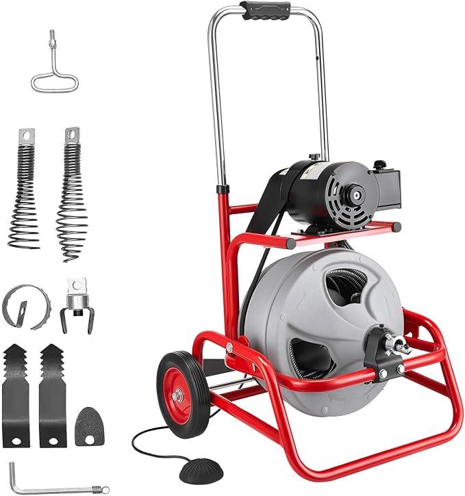 VEVOR Drain Cleaner Machine 75 FT x 3/8 Inch, Sewer Snake Auger on Wheels, Manual Feed Drain Cleaning Machine with Adjustable Drum Angle, 6 Cutters & Air-activated Foot Switch for 2" to 4" Pipes