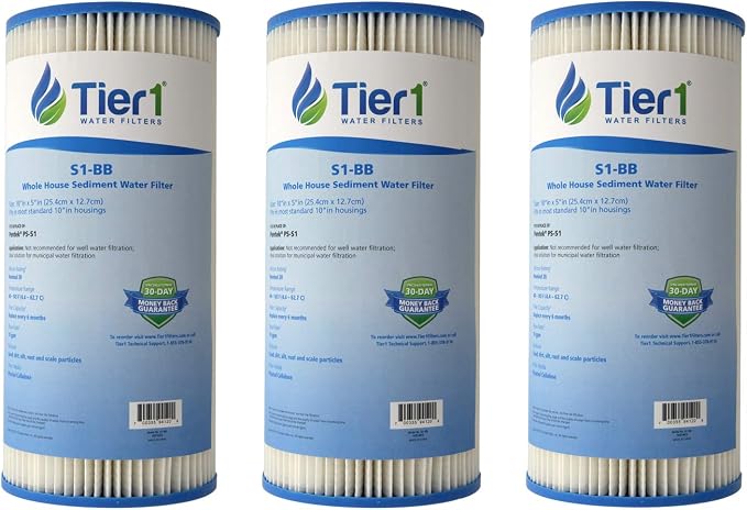 Tier1 20 Micron 10 x 4.5 Water Filter | Resin Impregnated Pleated Cellulose Whole House Sediment Filter Cartridge | Replacement for Pentek S1-BB, W20CLHD | 4.5 x 10 Home Water Filter (3-Pack)