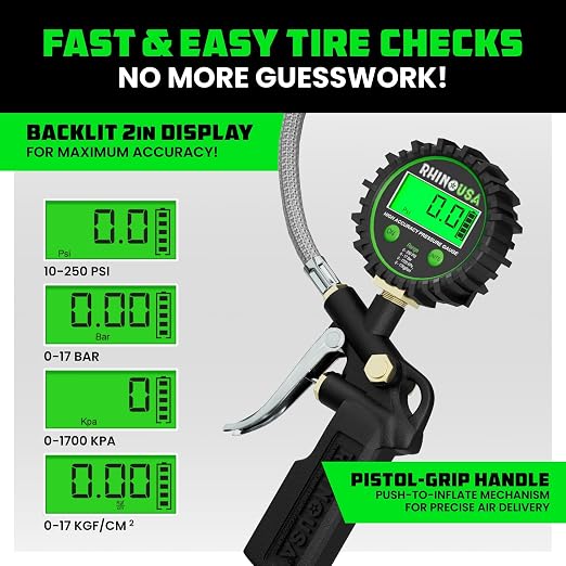 Rhino USA Digital Tire Pressure Gauge with Inflator (250 PSI) Professional Air Chuck & Air Compressor Attachments - High Pressure Tire Gauge with 0.1 Display Resolution - Best Car Accessories (1-Pack)