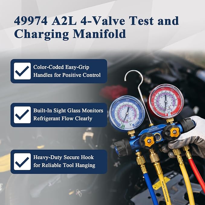 49974 A2L 4-Valve Test and Charging Manifold with 3-1/8" (80 mm) Gauges HVAC Manifold for R-454B R-32 R-410A A/C Manifold Gauge (No Hoses)