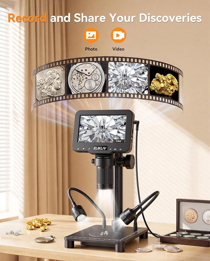 Elikliv Microscope with Weighing Scale, Digital Magnifier for Error Coins, Jewelry Magnifying Glass with Lights, 4.3" LCD Screen 12MP Camera 1080P Video USB PC View for Adults Collectors Supplies