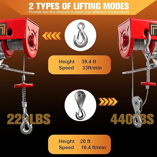 Electric Hoist,440 lbs Material Handling Too,Single/Double Slings Electric Winch,13 ft Remote Control,39 ft Single Cable Lifting Height,Zinc-Plated Steel Wire Hoist for Garage, Warehouses