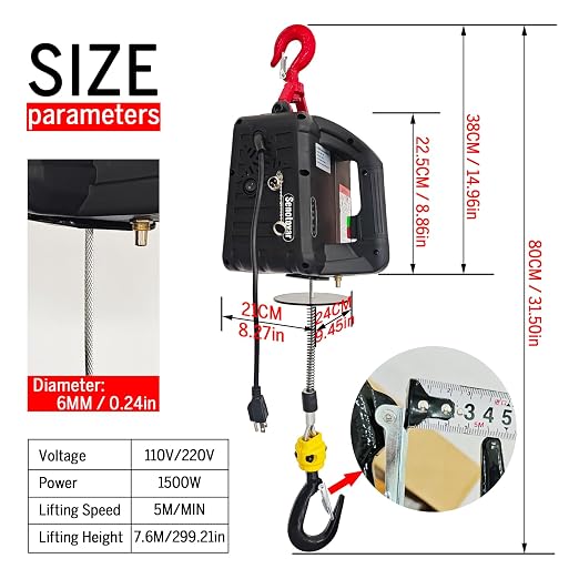 Electric Hoist Winch,1100lbs Electric Hoist 110 Volt 1500W Portable Electric Winch with Remote Control Wired/Manual,Chain Hoist Overload Protection 25ft Lifting Height for Towing&Pure Copper Motor