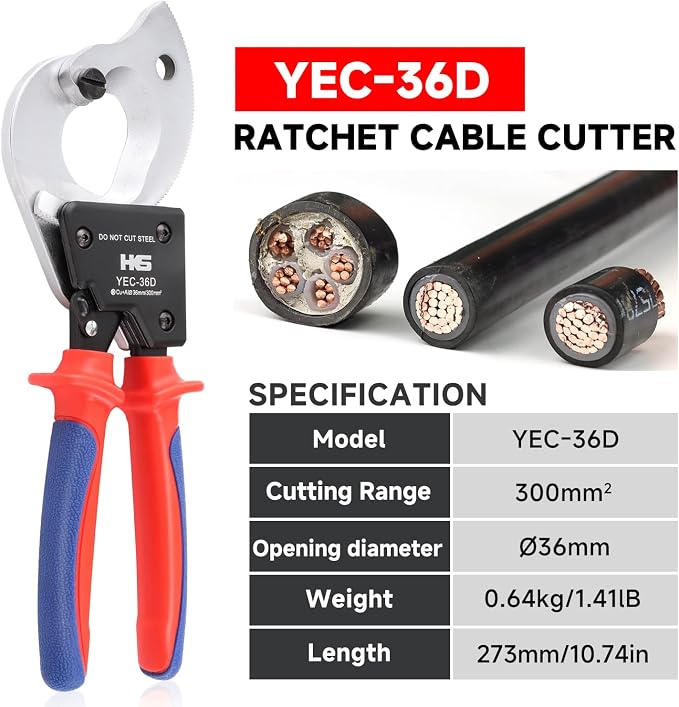 HKS Ratchet Cable Wire Cutter Heavy Duty for Cutting Electrical Aluminum Copper and Multi-core Cables up to 300mm² (AWG 600MCM) YEC-36D Chrome-plated VER