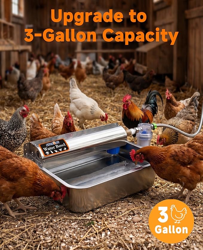 3 Gallon Automatic Chicken Waterer, Real 304 Stainless Steel Metal Poultry Waterer with Upgraded Float Valve, Extra Filter, 1.5M Hose (Stainless Steel Auto Waterer Set)