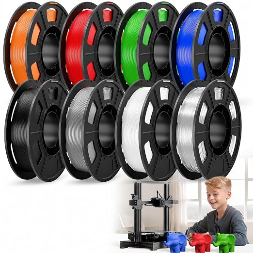 CREALITY PETG Filament Bundle, 8 Colors Total 2kg, 1.75mm 3D Printer PETG Filament, Individually Vacuum-Sealed, Fit for Most FDM 3D Printers, Black+White+Grey+Tansparent+Red+Blue+Green+Orange