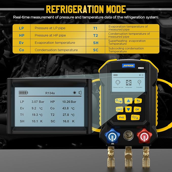 AUTOOL AC Manifold Gauge Set, Incl. 2X Pipe Clamp Thermometer, 1x Digital HVAC Gauge, Set of 3 Hoses – AC Gauge Set, with Evacuation Mode, Refrigerant Mode and Pressure Leak Test