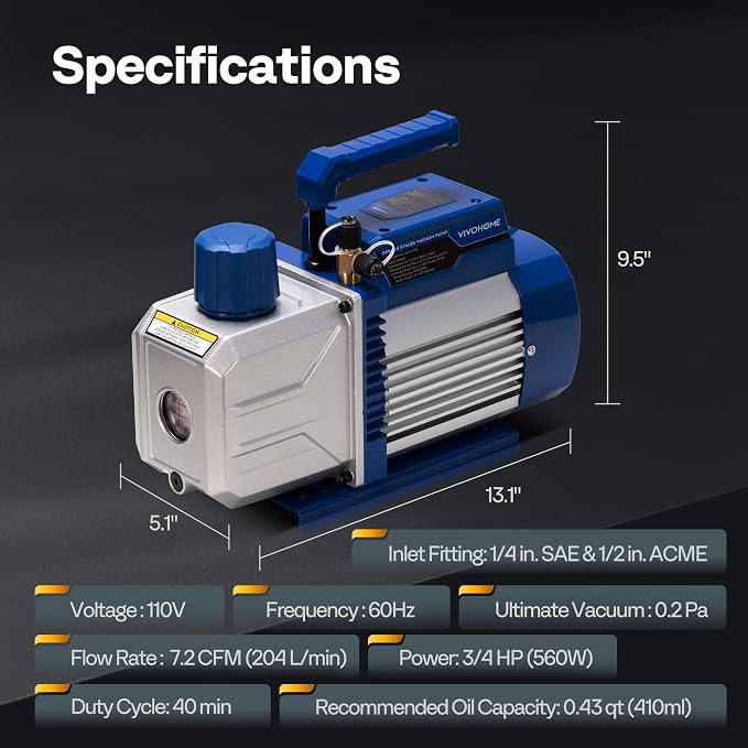 VIVOHOME 110V 3/4 HP 7.2CFM Dual Stage HVAC Vacuum Pump and 4 Way AC Manifold Gauge Kit, Sparkless Motor for R32 R1234yf R454B R134a R22 R410a Systems, Automotive Air Conditioner Maintenance