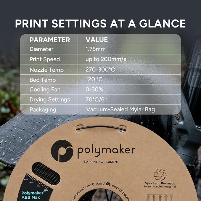 Polymaker ABS Max 3D Printer Filament 1.75mm, Black 1kg Engineering Grade ABS with High Heat Resistance and Enhanced Creep Resistance for Heated Chamber Printers