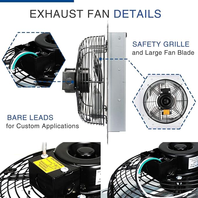 iPower 12 Inch Wall Mounted Shutter Exhaust Fan with Temperature Controller and Power Cord Kit, Aluminum, 1600 RPM, 940 CFM, for Attic, Garage, Louvered Vent, Plant, Greenhouse, Silver