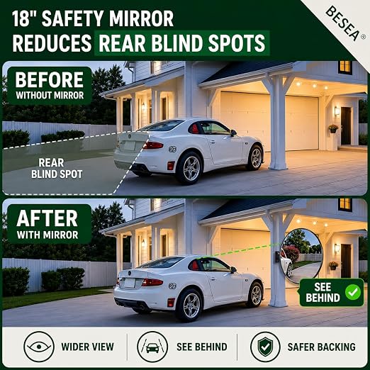 BESEA 18" Convex Traffic Mirror (2-Pack) - Compact Wide Angle Blind Spot Safety Mirror for Driveway & Garage - Impact-Resistant Security Mirror for Indoor/Outdoor with Adjustable Bracket