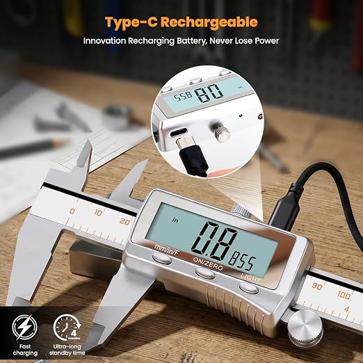 HARDELL Digital Caliper 8 Inch, Rechargeable All Metal Electronic Micrometer with Large Backlit LCD, Inch/mm/Fraction Conversion, Auto-Off – Measuring Tool for DIY, 3D Printing, Workshop & Household